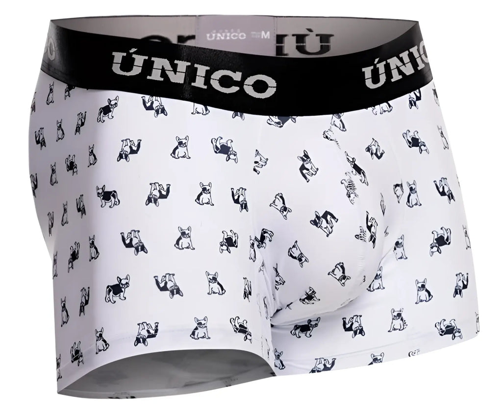 White boxer briefs with black unico waistband and small black french bulldog pattern in color 00-white frenchis trunks