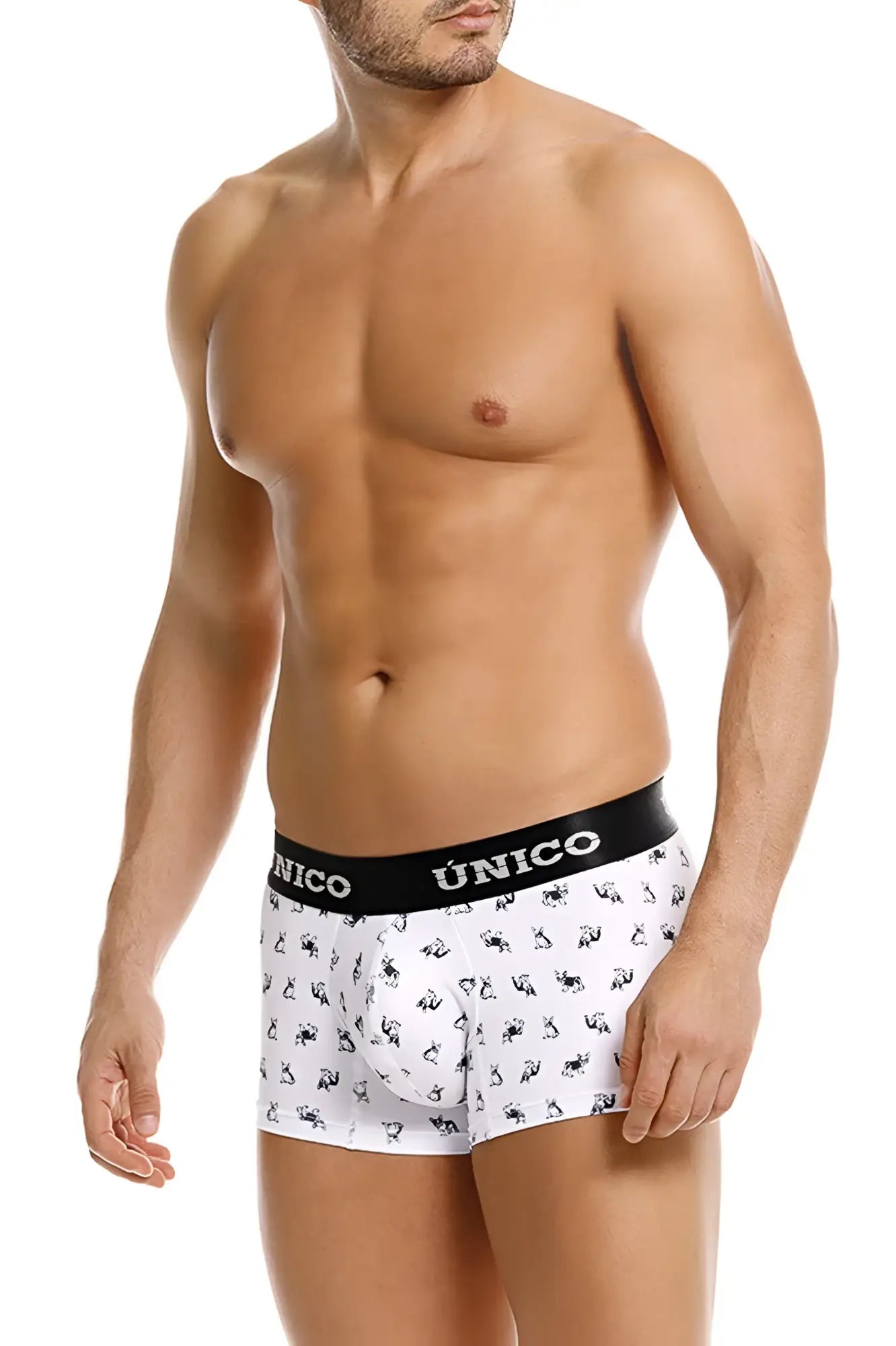 White unico 25040100130 frenchis trunks with black waistband and small black animal silhouettes on white boxer briefs