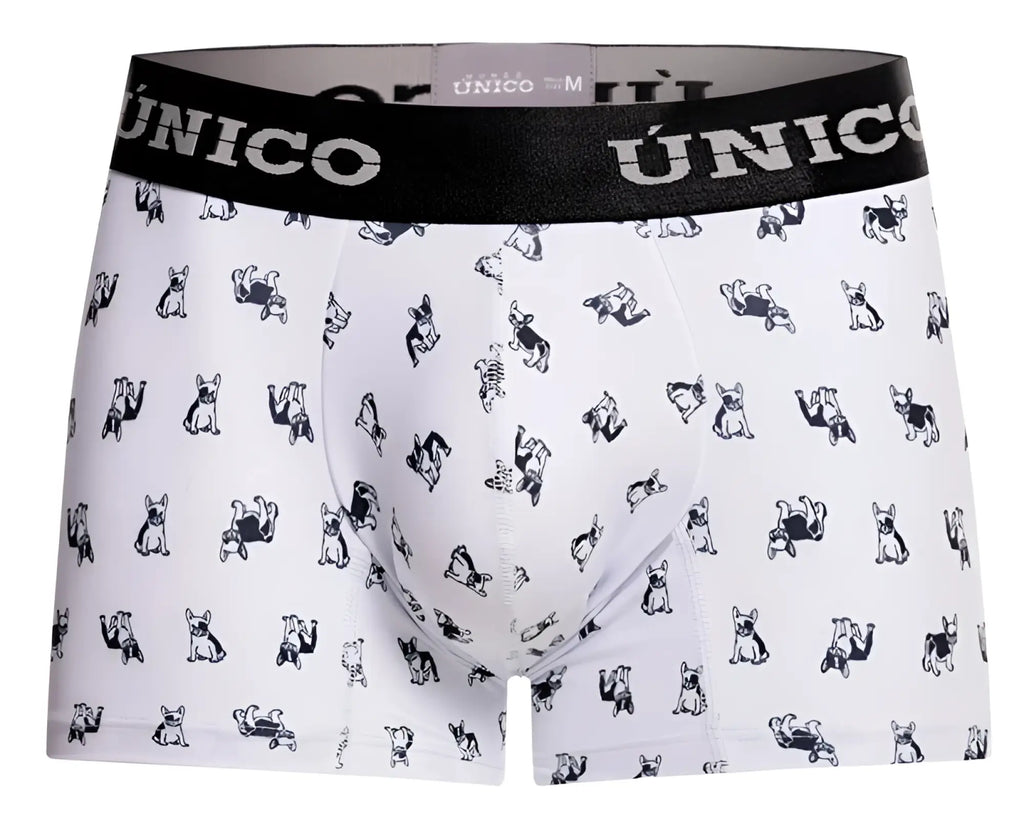 White unico 25040100130 frenchis trunks boxer briefs with black waistband and small black french bulldog pattern