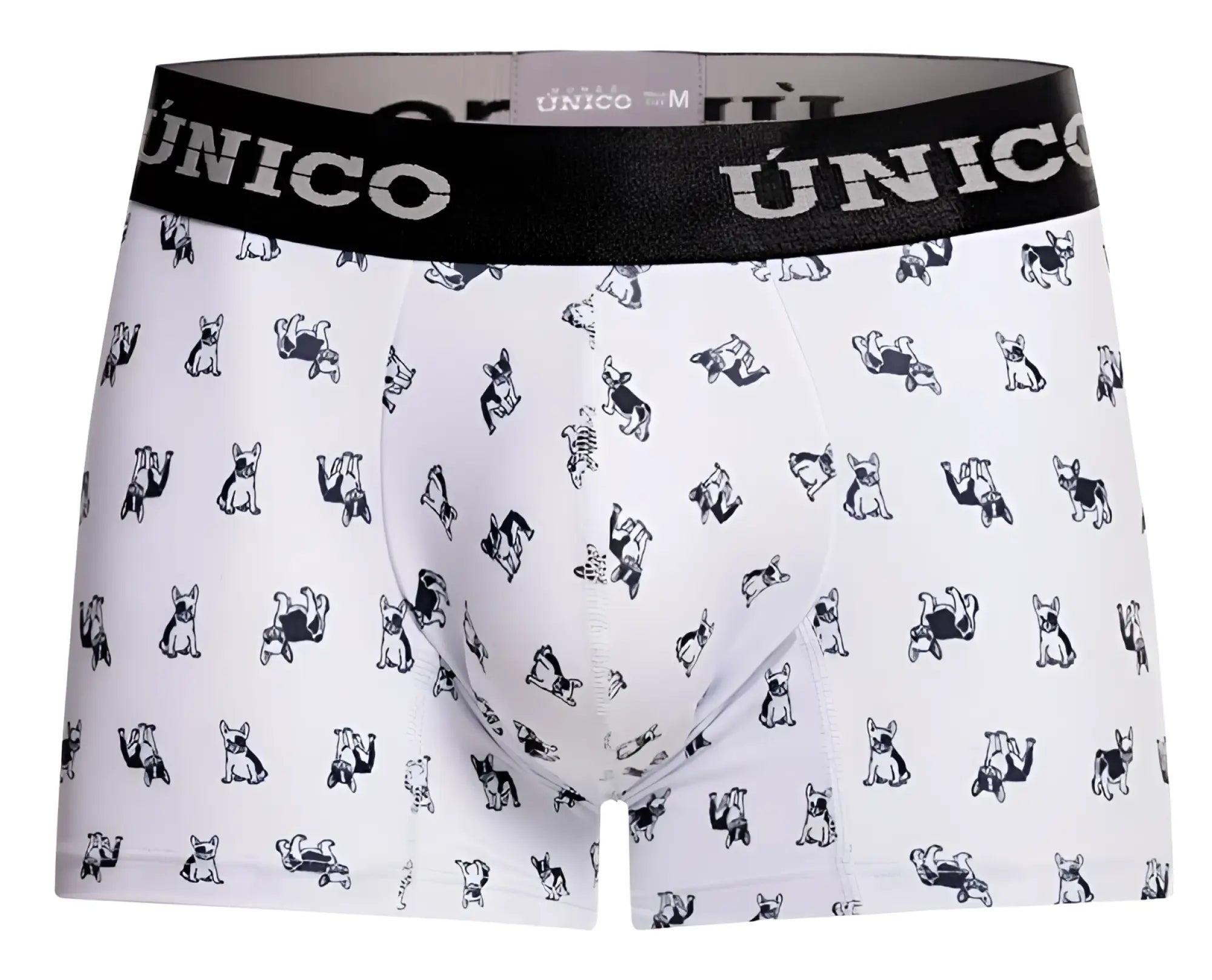 White unico 25040100130 frenchis trunks boxer briefs with black waistband and small black french bulldog pattern