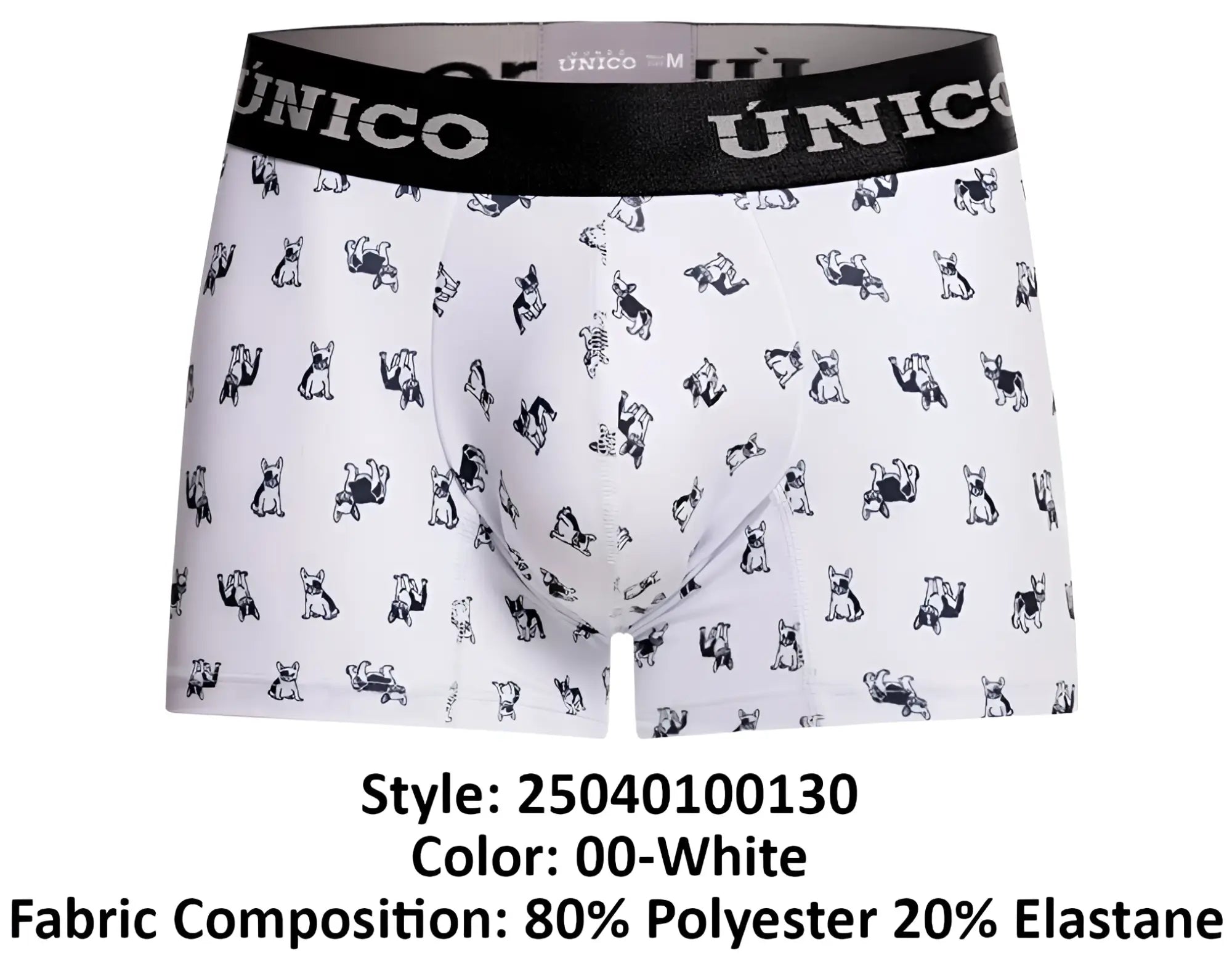 White boxer briefs with black french bulldog pattern and black unico branded elastic waistband model 25040100130 Frenchis