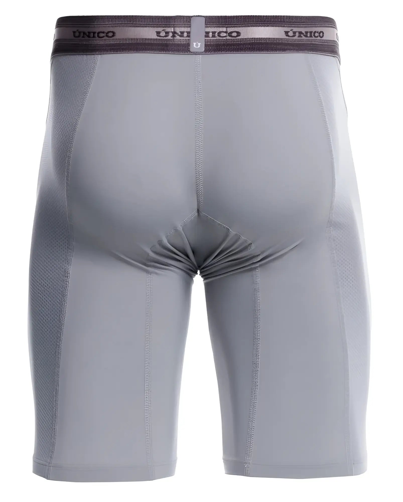 Gray unico compression shorts with dark gray waistband featuring unico logo and small u emblem color 59-gray