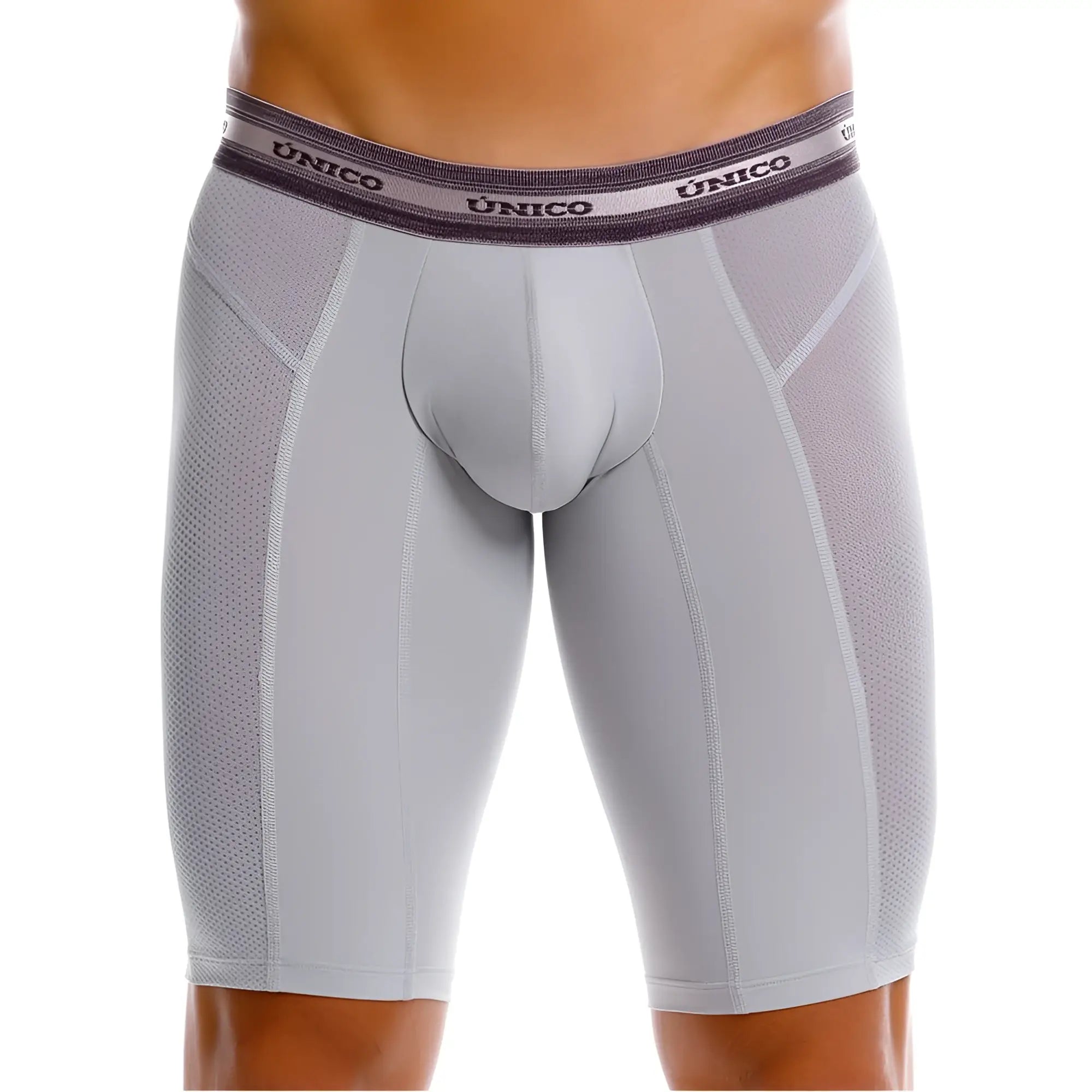 Gray unico men’s athletic boxer briefs with mesh panel design and branded waistband color 59 gray