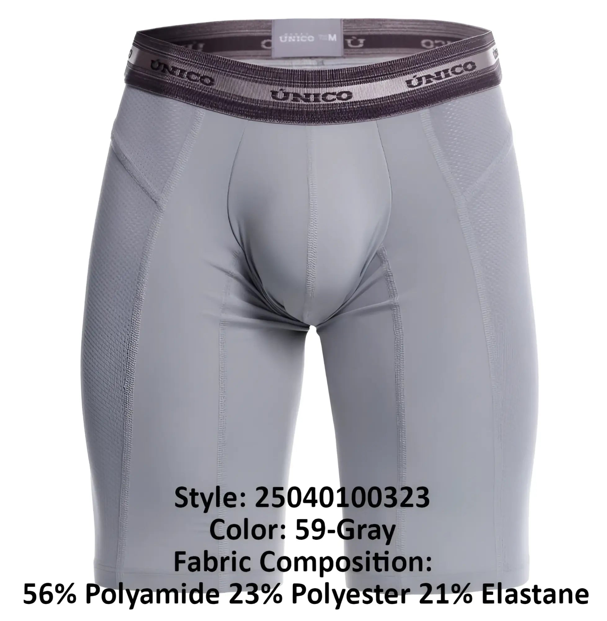 Gray unico men’s compression boxer briefs with textured waistband and performance fabric blend in color 59 gray