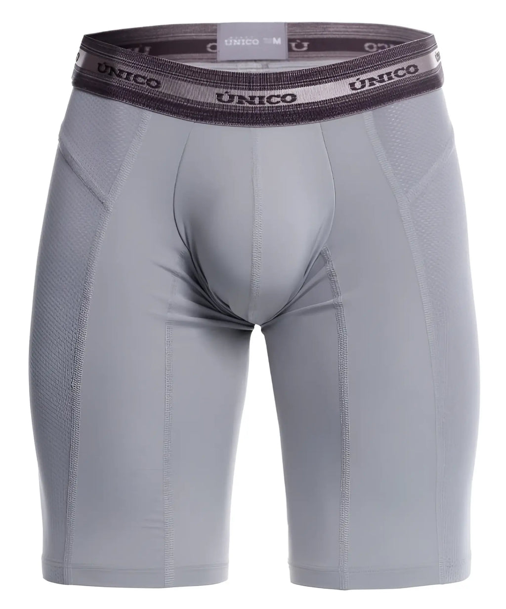 Gray unico 25040100323 albaricoque compression briefs with dark gray waistband and white brand name lettering