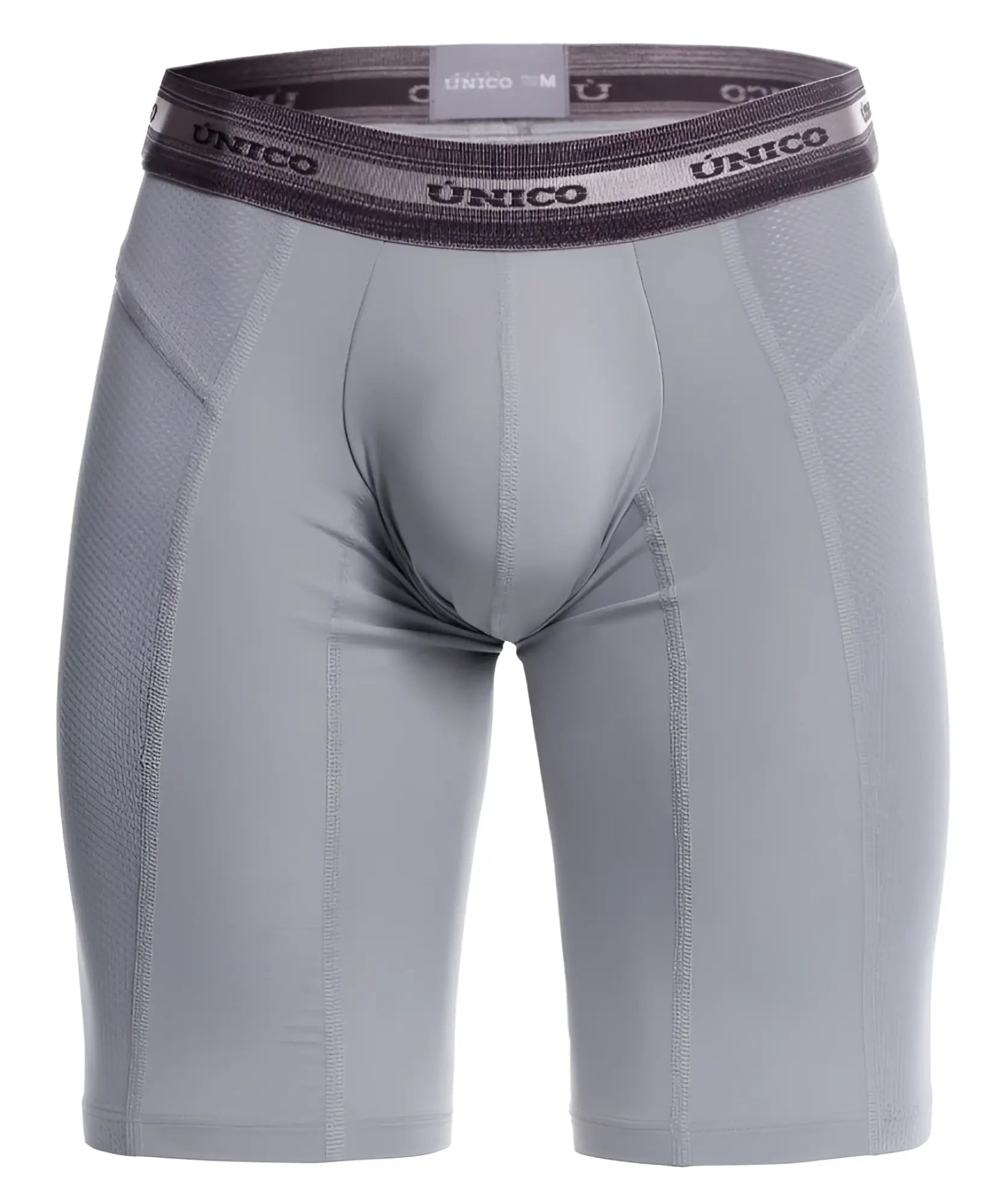 Gray unico 25040100323 albaricoque compression briefs with dark gray waistband and white brand name lettering