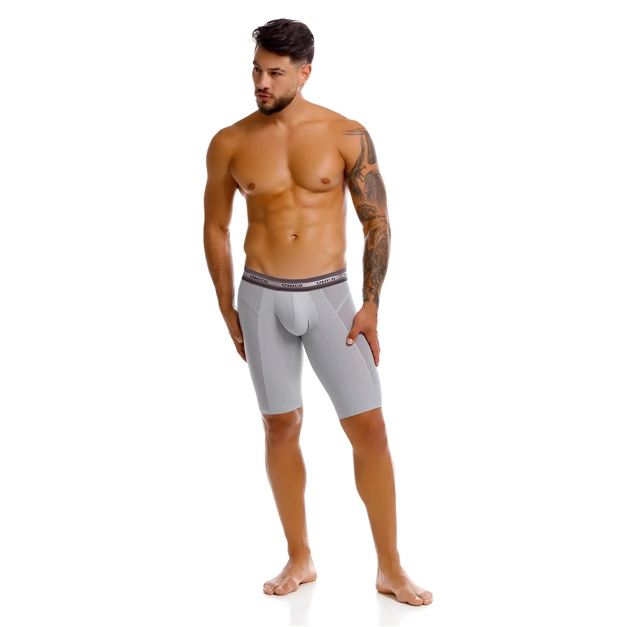 Gray men’s boxer briefs with dark gray elastic waistband and dance brand name printed in white unico 25040100323