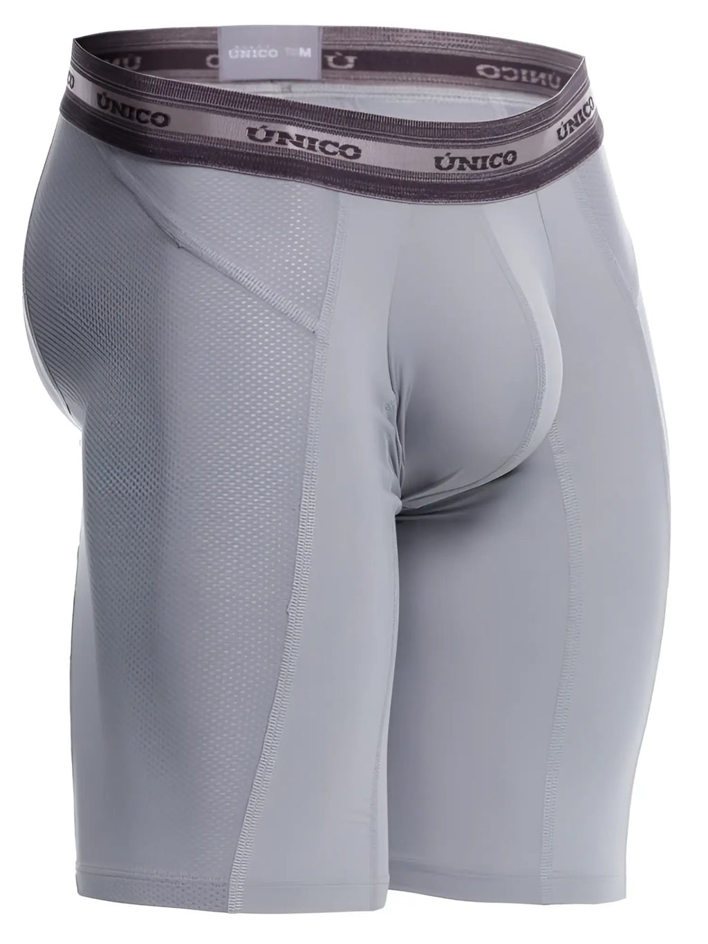 Gray unico men’s boxer briefs with textured mesh panel and branded waistband in color 59 gray