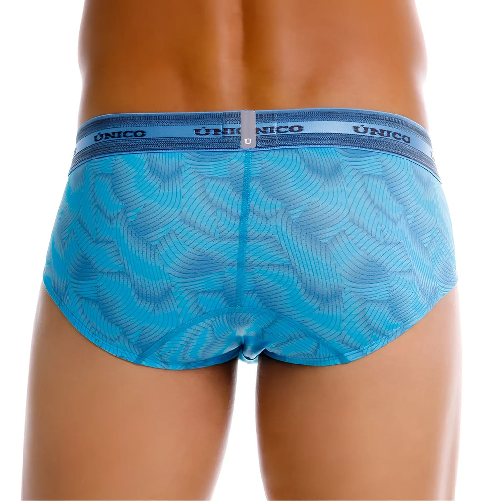 Unico Estraza briefs in blue with light blue wave pattern and branded elastic waistband for comfortable wear