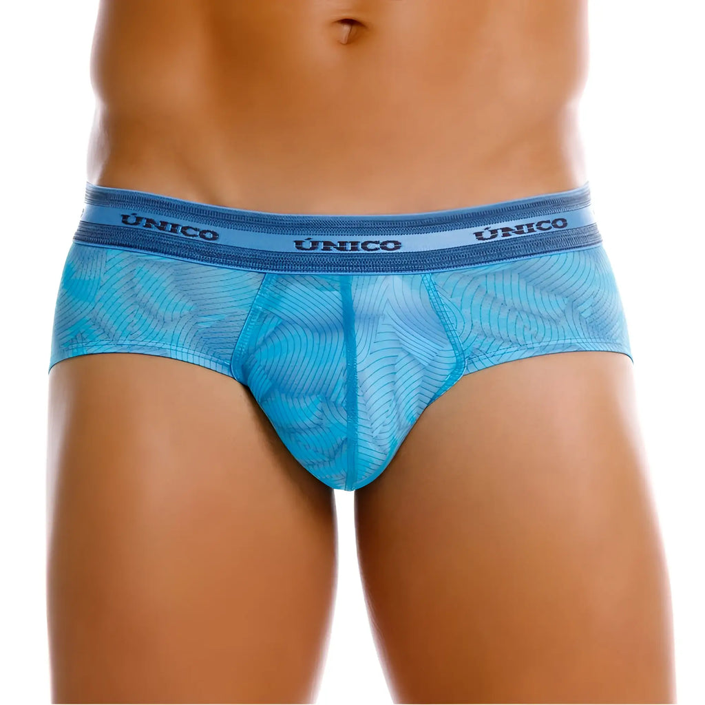 Blue unico men’s brief with sheer patterned mesh fabric and solid waistband in color 46 blue front view