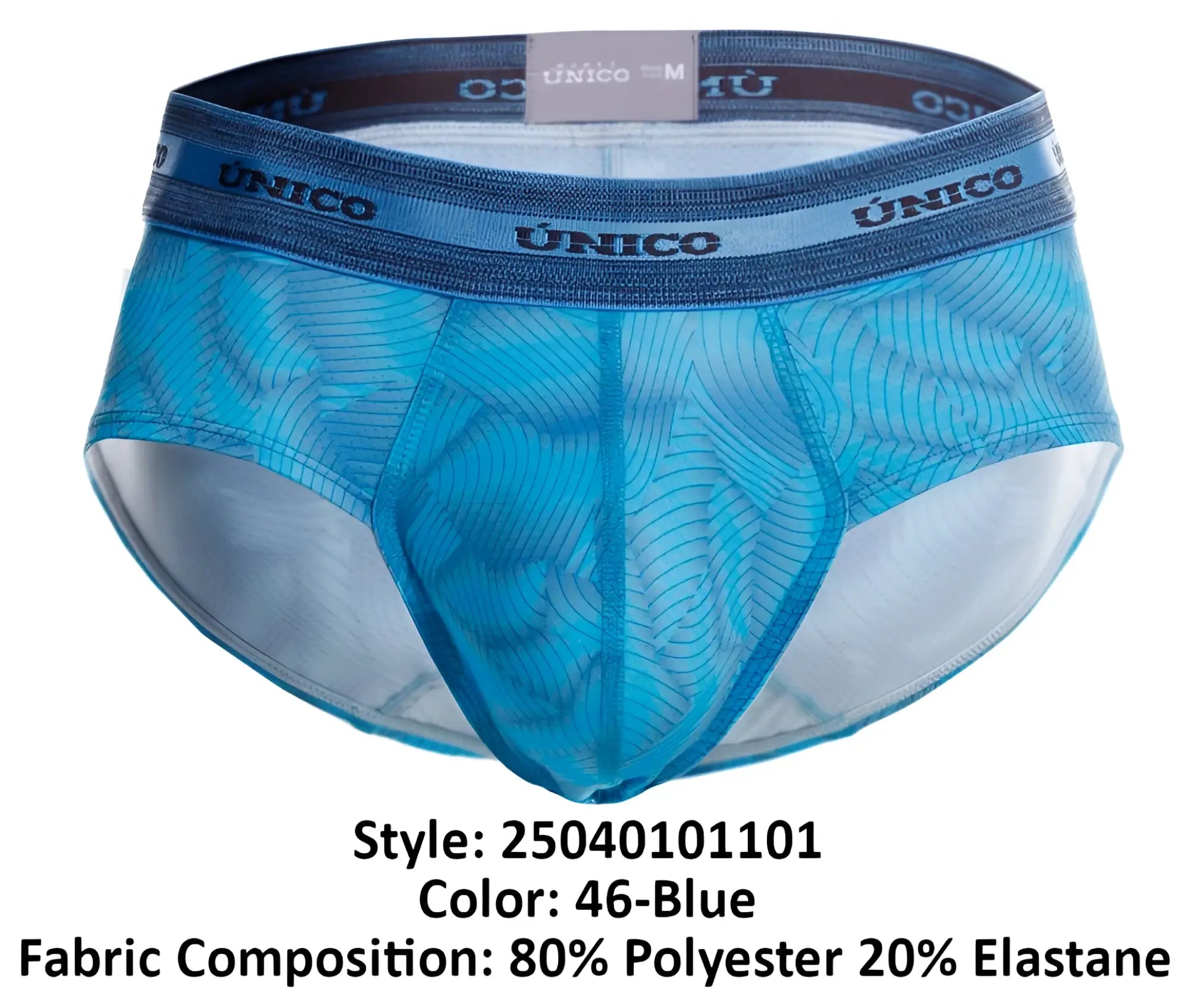 Blue mesh unico estraza briefs with dark blue waistband featuring unico brand name color 46 blue