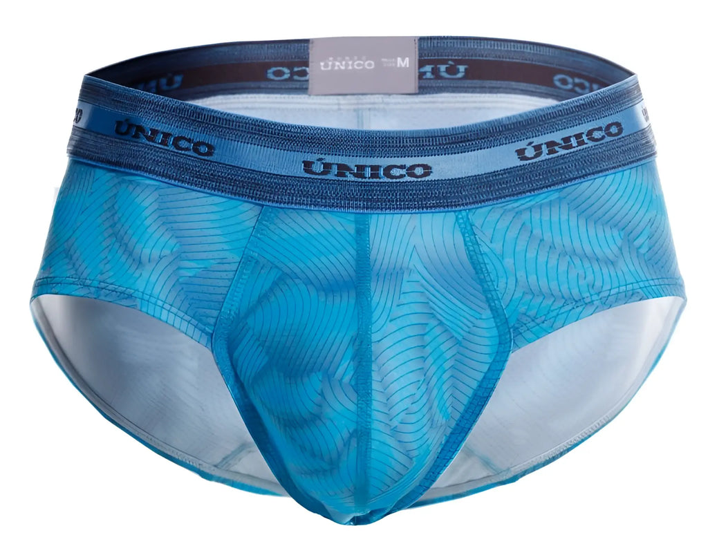 Unico Estraza briefs in blue translucent mesh with subtle wave pattern and branded elastic waistband
