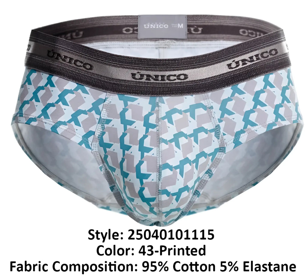 Unico 25040101115 Caterva briefs in teal and gray geometric print on white made of 95 cotton 5 elastane