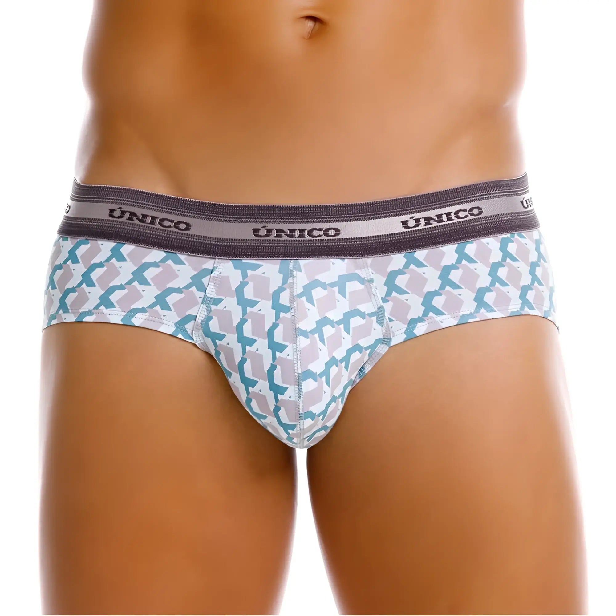 Unico 25040101115 Caterva briefs with white base teal gray geometric patterns and dark gray waistband for men