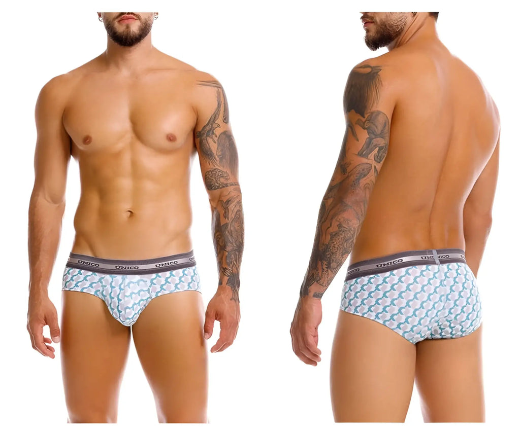 Unico caterva briefs in light blue and white pattern with gray waistband featuring the unico brand name