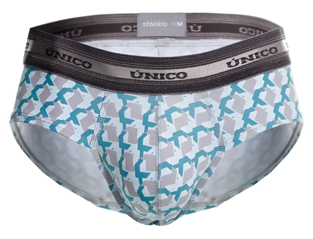 Unico 25040101115 caterva briefs featuring teal and gray geometric pattern on white fabric with dark gray waistband