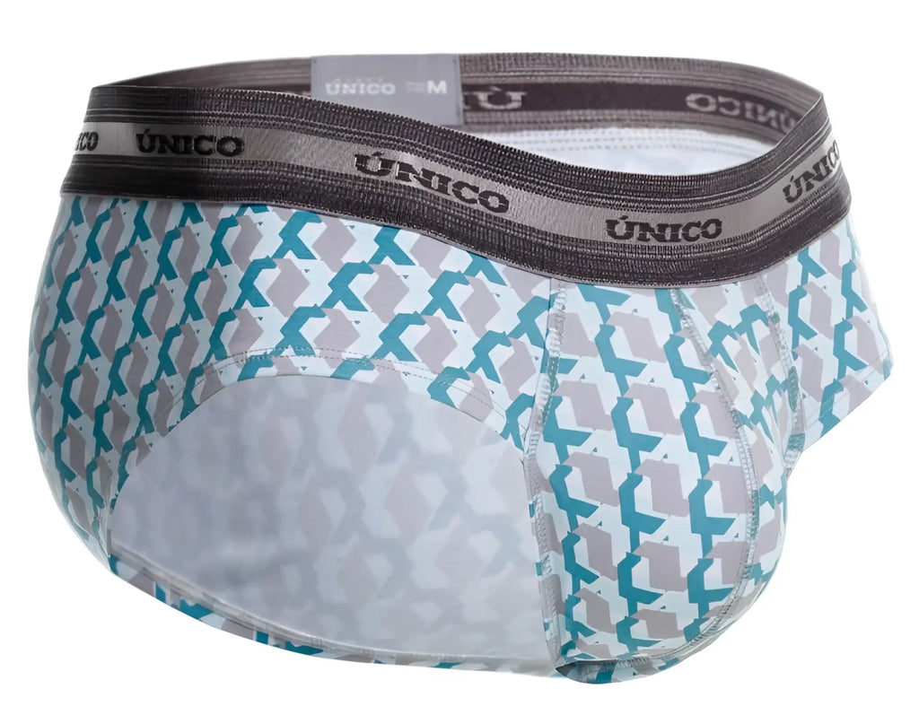 A pair of unico 25040101115 caterva briefs in teal and gray geometric print with a dark gray waistband