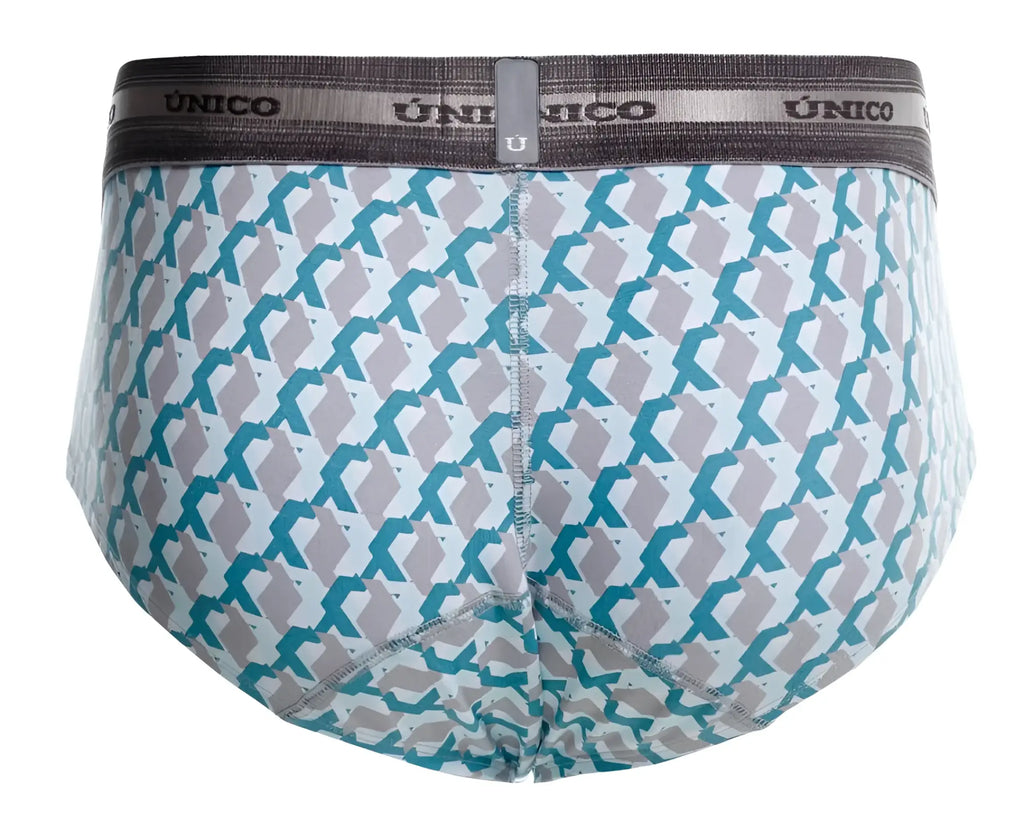 Teal and gray geometric patterned unico 25040101115 caterva men’s briefs with branded elastic waistband