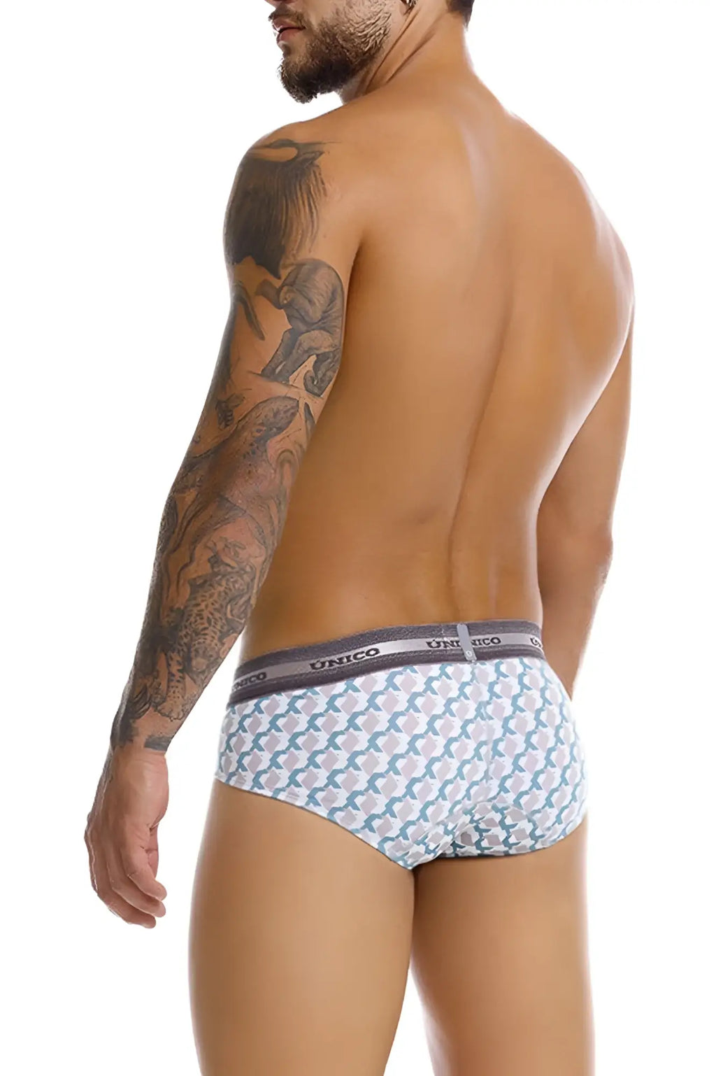 Unico 25040101115 caterva briefs in white and teal pattern with gray elastic waistband for men
