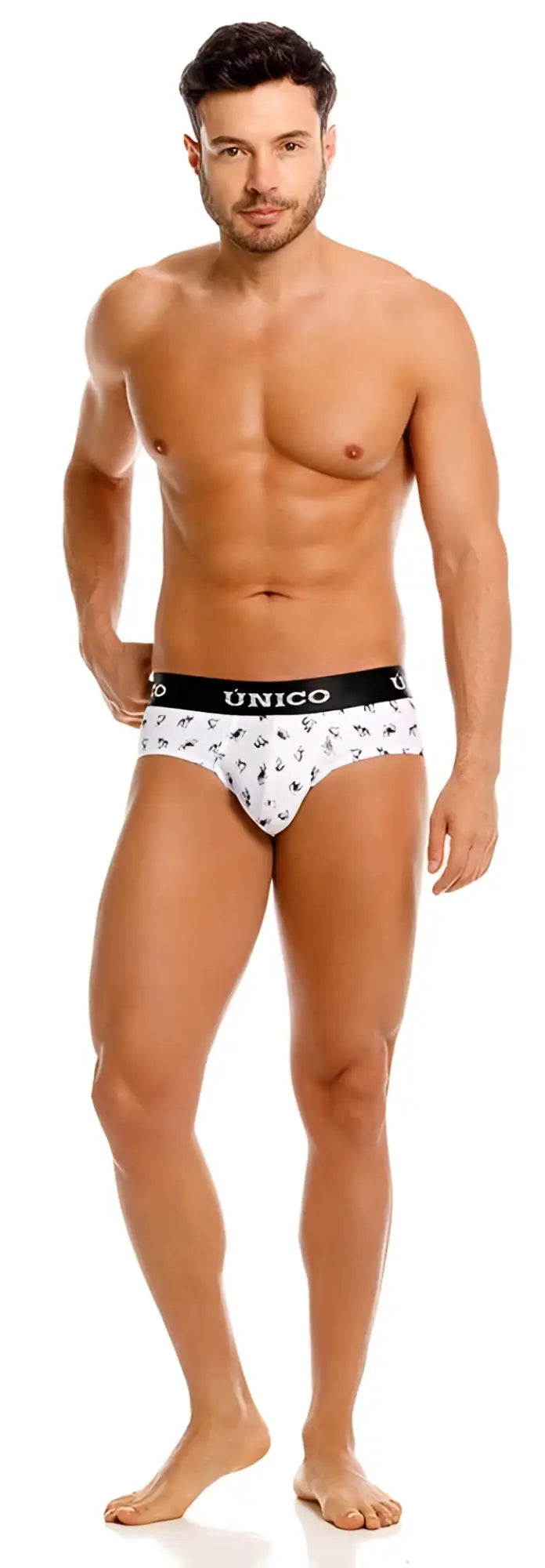 White unico 25040101130 frenchis briefs with black anchor pattern and black waistband featuring the unico brand name