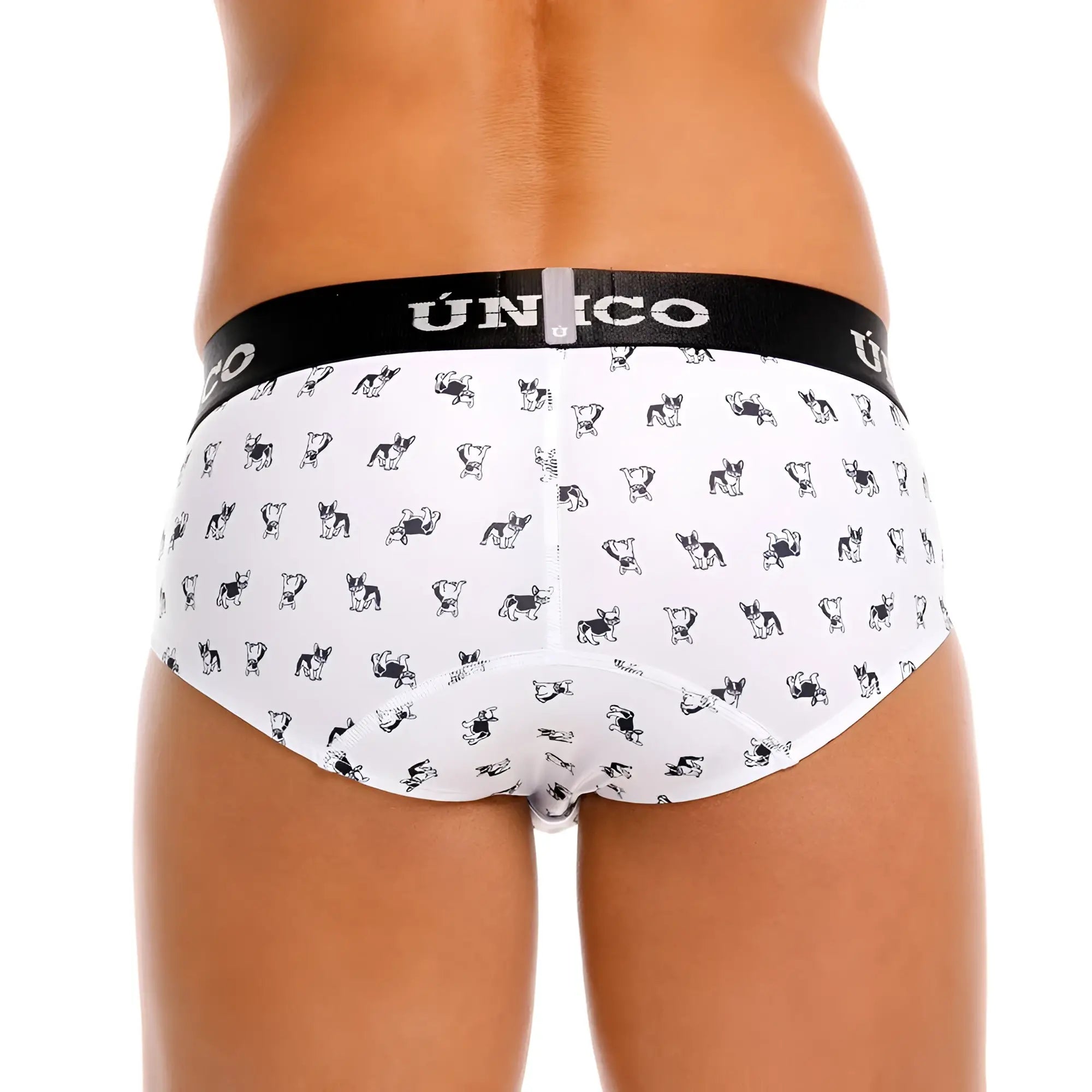 White briefs with black and white dog pattern and black unico branded waistband from Unico 25040101130 Frenchis collection
