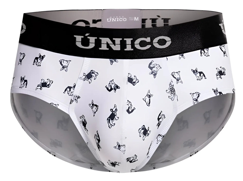 White briefs with black french bulldog illustrations and a black waistband featuring the único brand name
