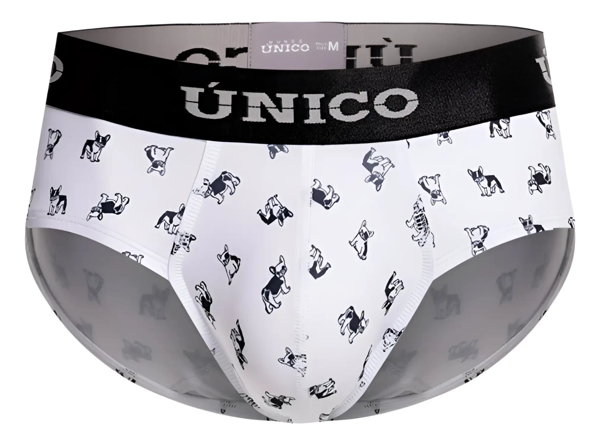White briefs with black french bulldog illustrations and a black waistband featuring the único brand name