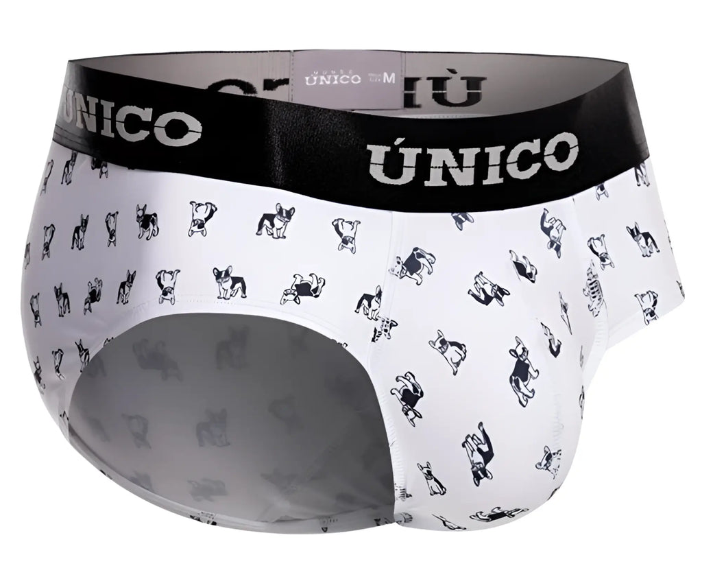 White unico 25040101130 frenchis briefs with black gray cartoon french bulldogs pattern and bold black waistband