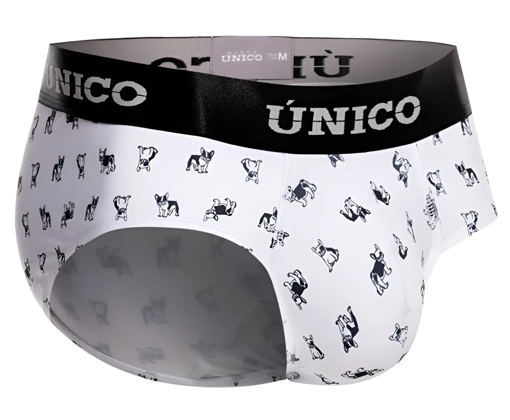White unico 25040101130 frenchis briefs with black gray cartoon french bulldogs pattern and bold black waistband