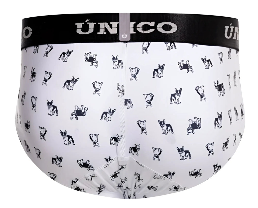 White briefs with black and white french bulldog pattern and black unico waistband in white color model 25040101130