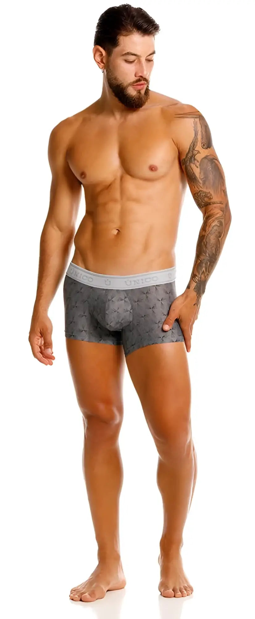 Gray patterned unico 25050100103 chisell trunks with subtle geometric design and contrasting white waistband