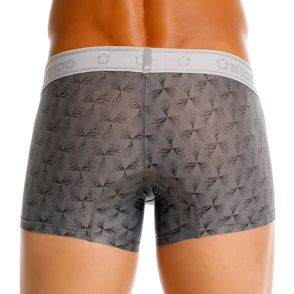Gray patterned Unico 25050100103 Chisell trunks with white elastic waistband featuring brand name and logo
