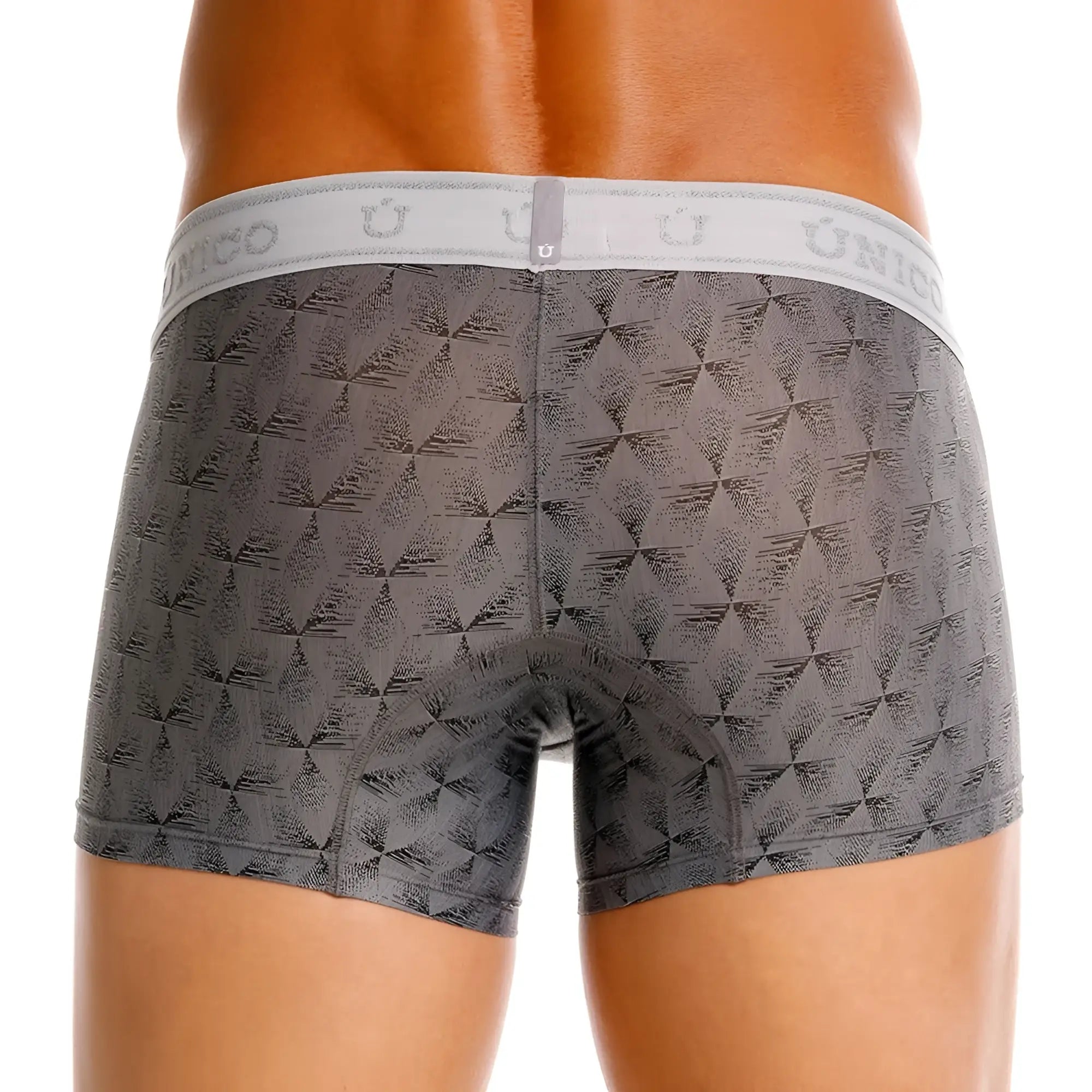 Gray patterned Unico 25050100103 Chisell trunks with white elastic waistband featuring brand name and logo