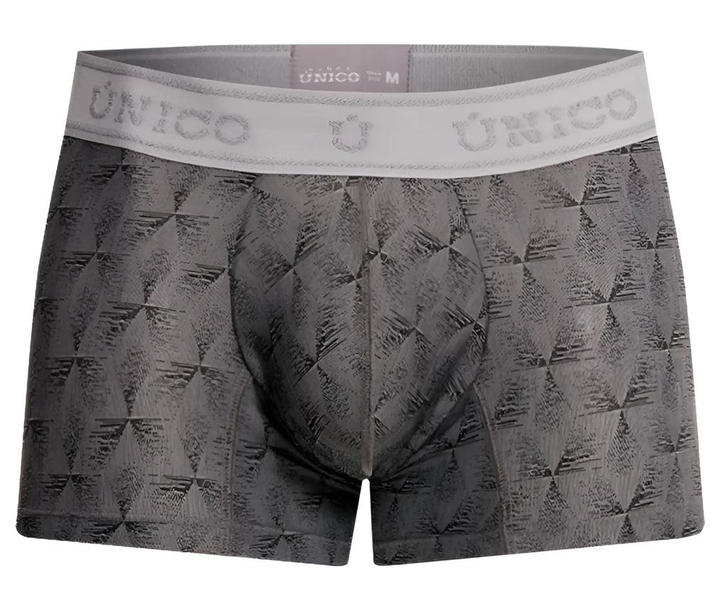 Gray patterned unico 25050100103 chisell trunks with white elastic waistband and unico logo for men