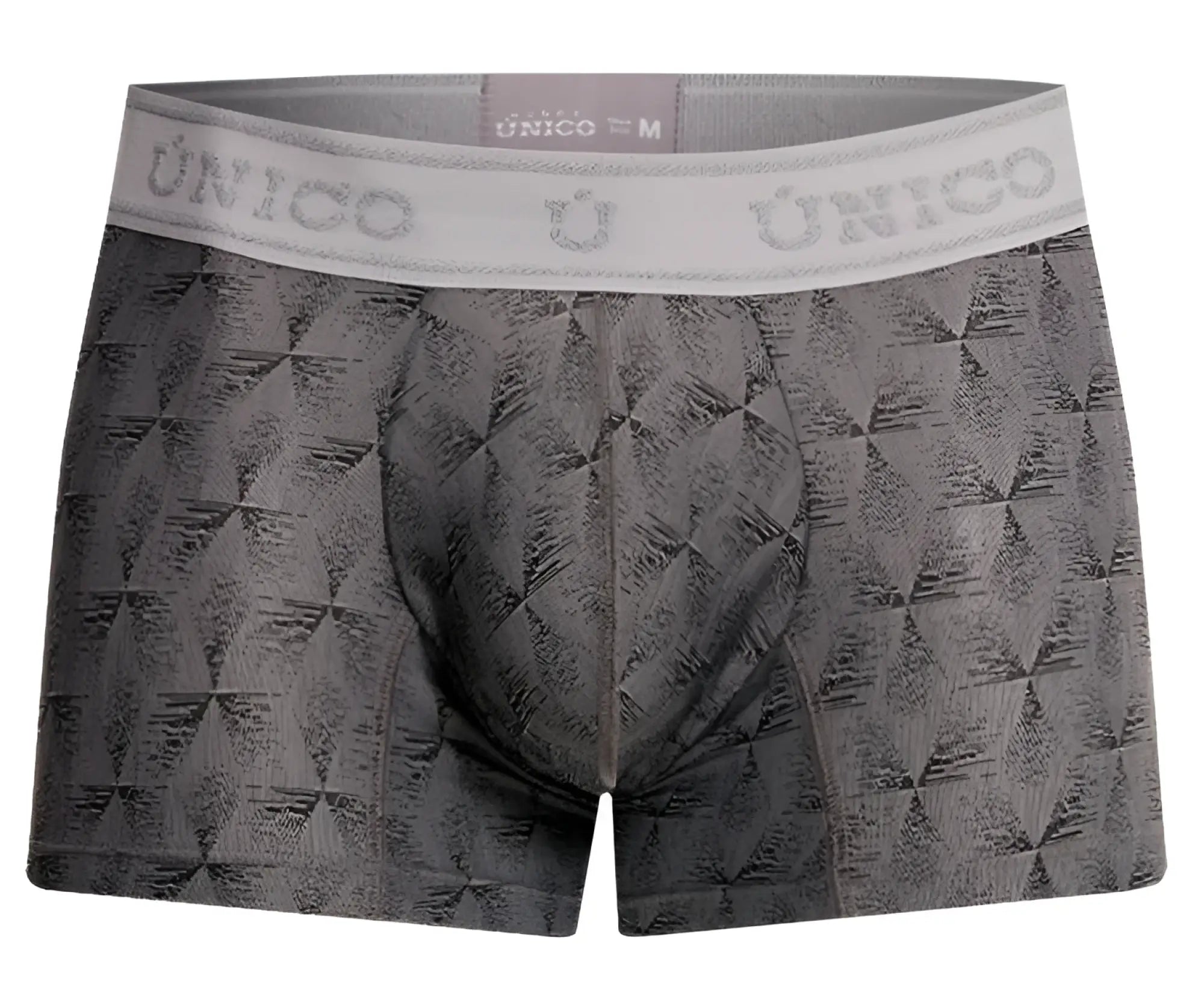 Gray patterned unico 25050100103 chisell trunks with white elastic waistband and unico logo for men