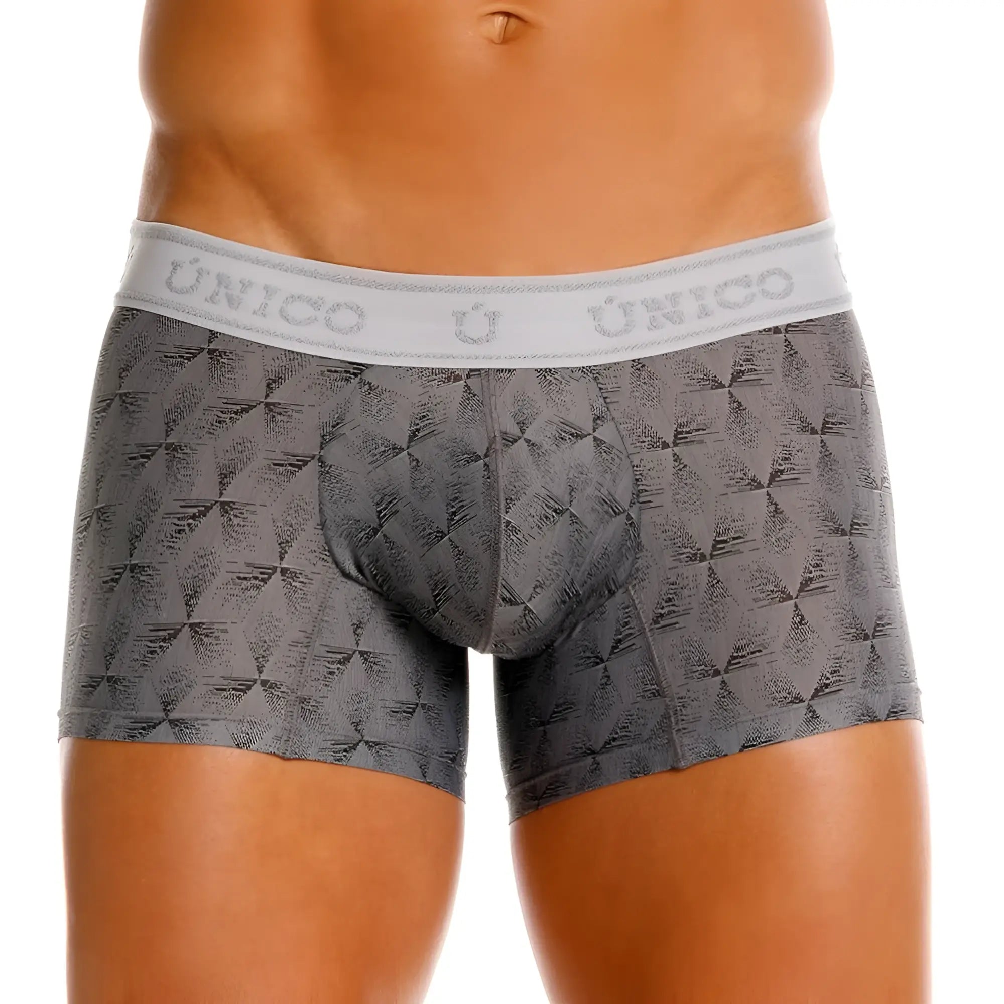 Gray patterned men’s boxer briefs with white exclusivo waistband from unico model 25050100103 chisell trunks
