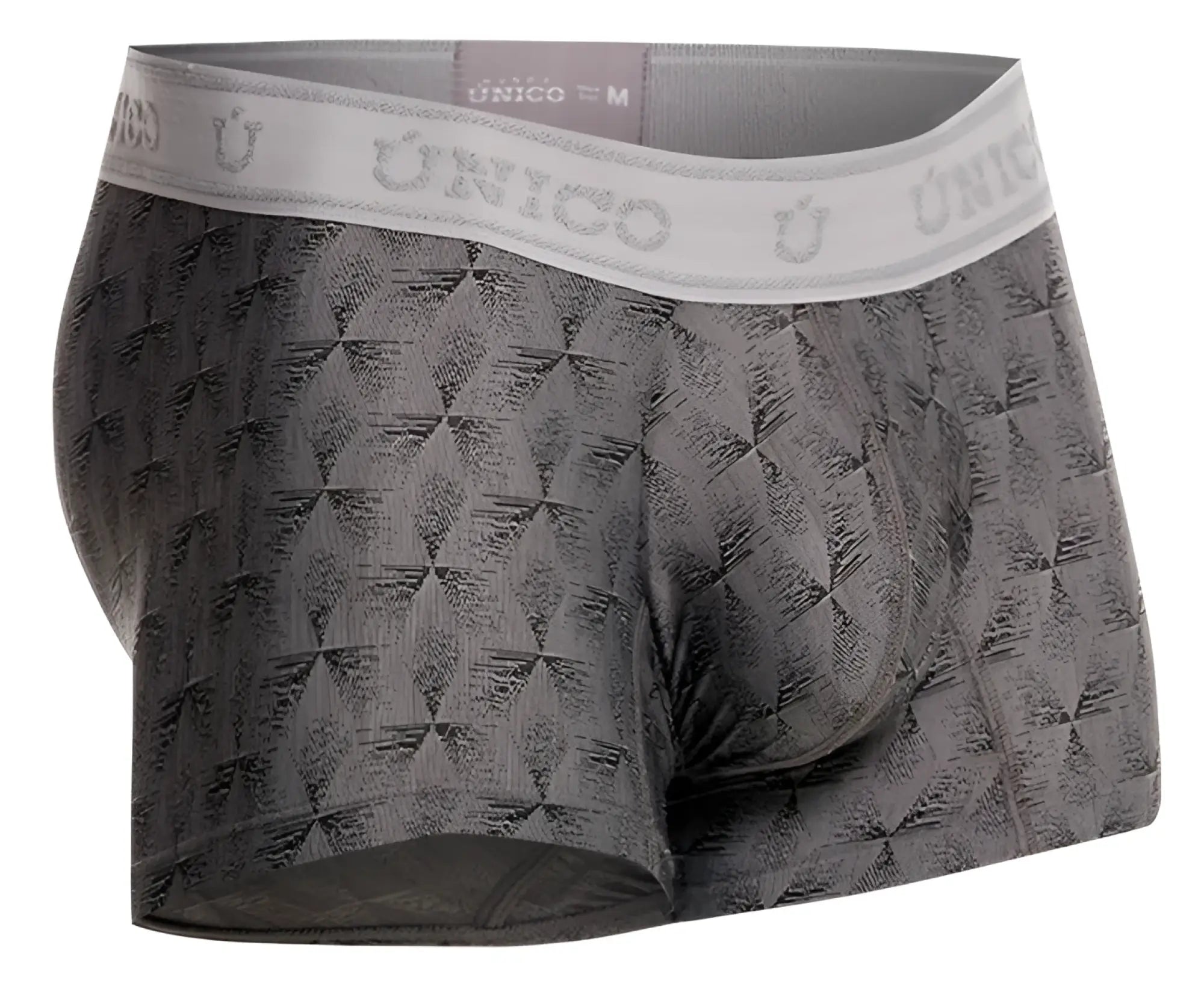Gray patterned men’s boxer briefs with white elastic waistband featuring único brand name in color 59-gray