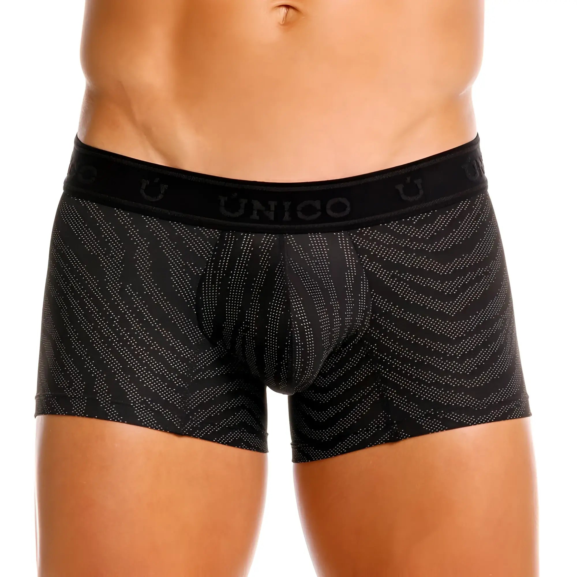 Black unico 25050100104 zelmur trunks boxer briefs with subtle gray zigzag pattern and branded elastic waistband