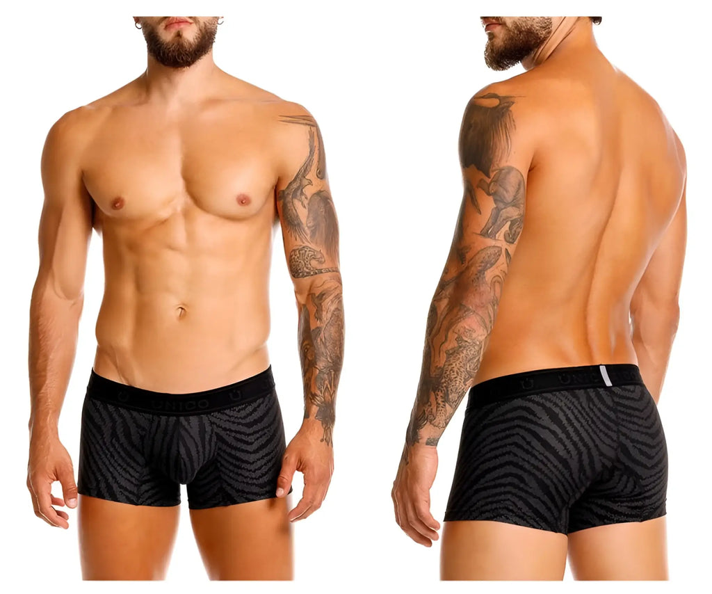 Black unico 25050100104 zelmur trunks boxer briefs with subtle gray zebra stripes and branded elastic waistband