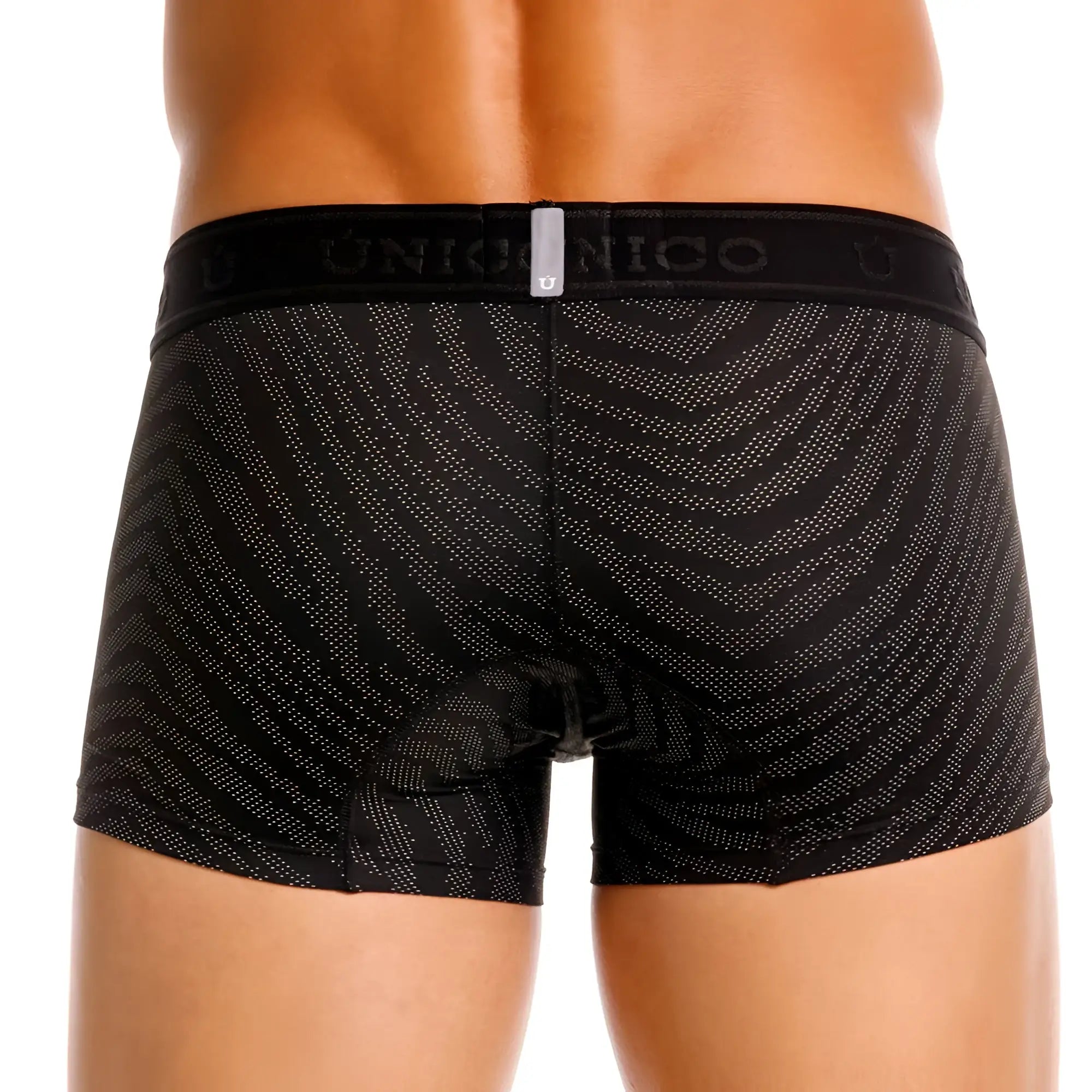 Black unico 25050100104 zelmur trunks featuring subtle silver geometric pattern and branded elastic waistband