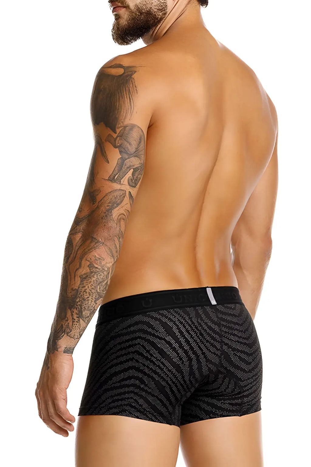 Black unico zelmur trunks with subtle zebra-striped pattern and branded elastic waistband in color 99 black