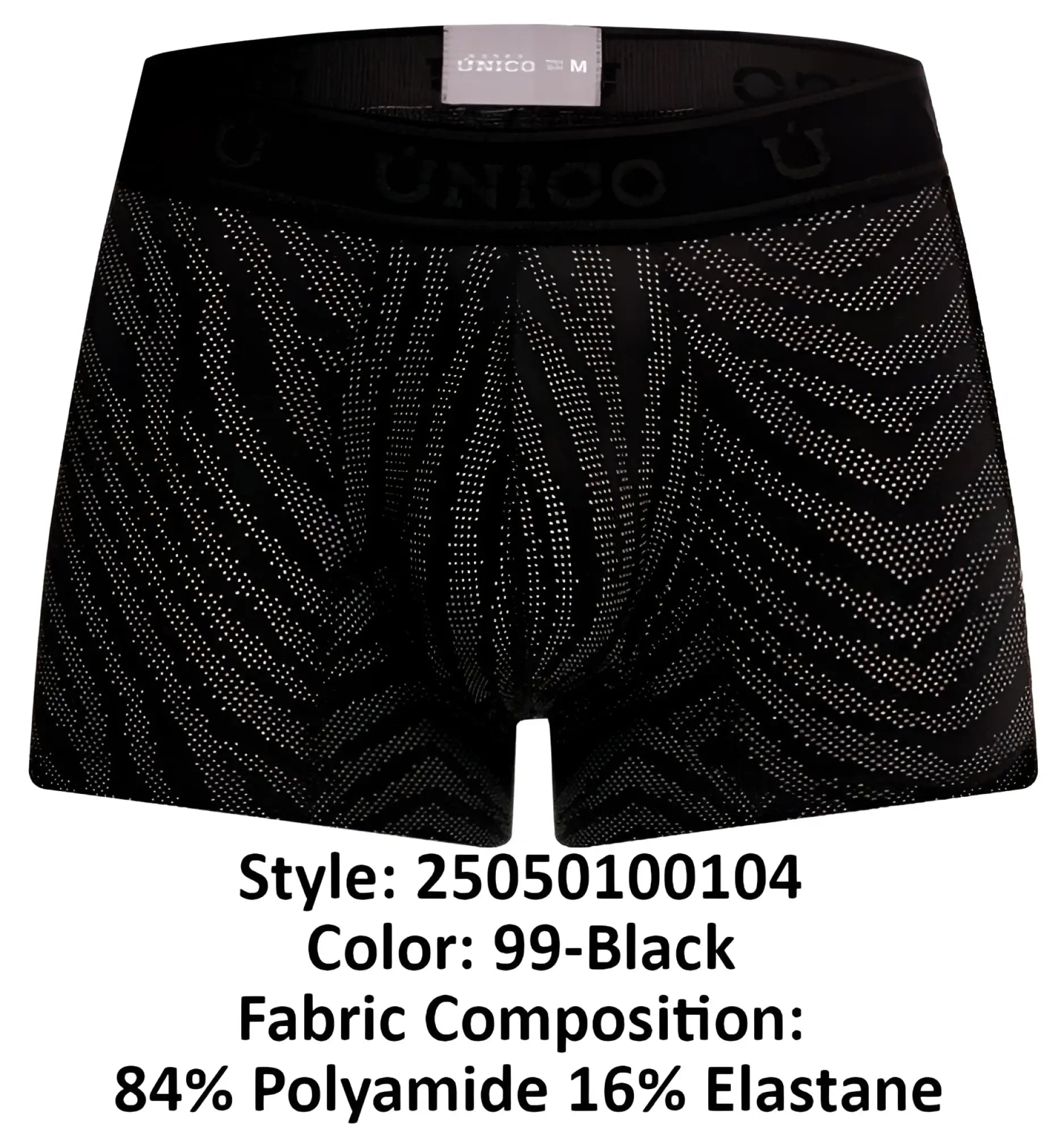 Black unico 25050100104 zelmur trunks boxer briefs with subtle geometric dot pattern and elastic waistband