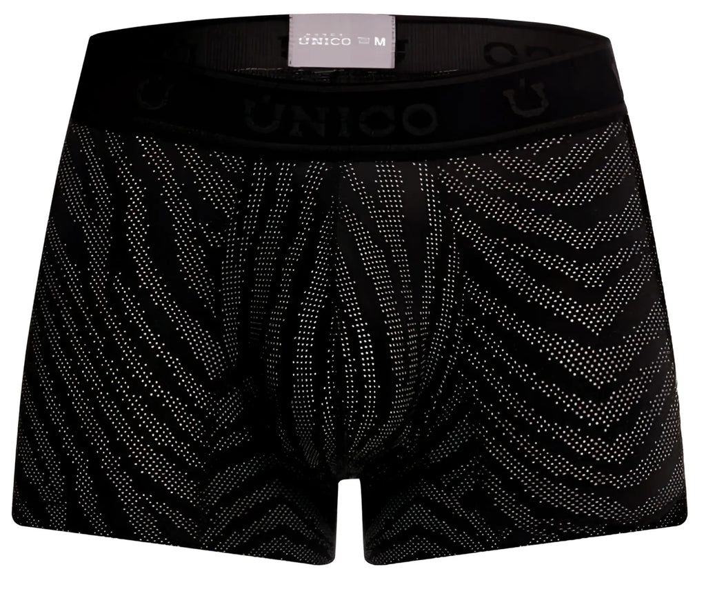 Black unico men’s boxer briefs with subtle gray geometric pattern fabric for comfortable everyday wear