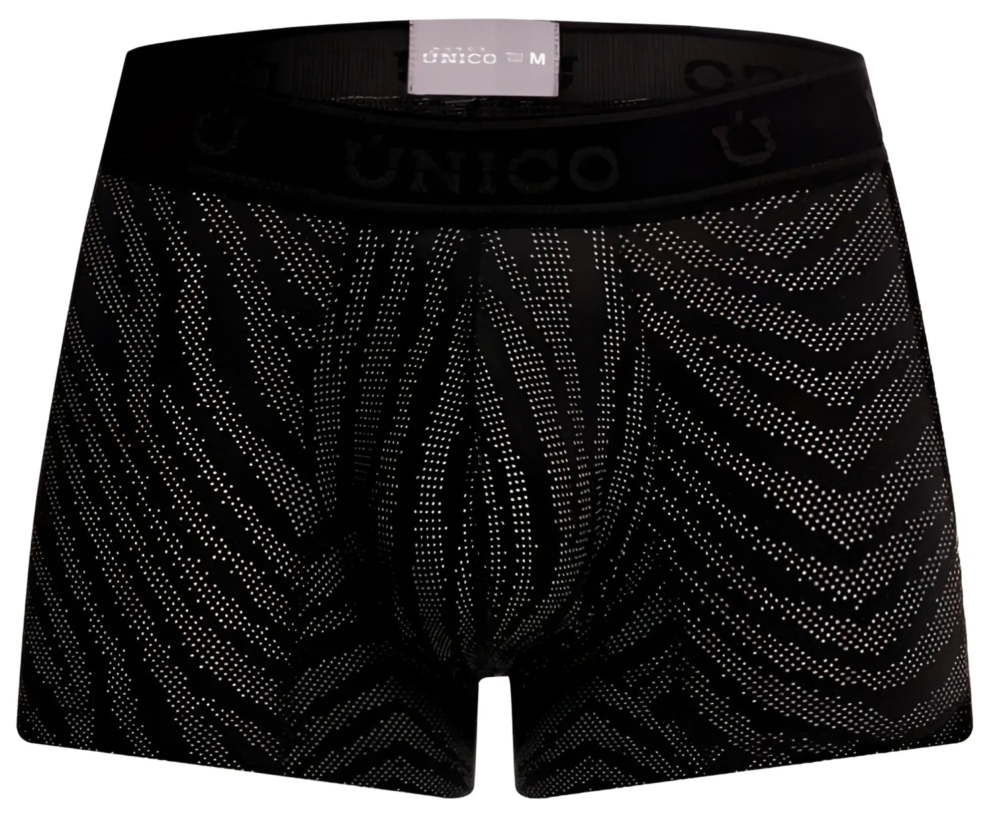 Black unico men’s boxer briefs with subtle gray geometric pattern fabric for comfortable everyday wear