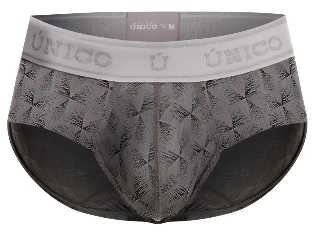 Gray patterned Unico 25050101103 chisell briefs with white waistband featuring Unico brand name for men