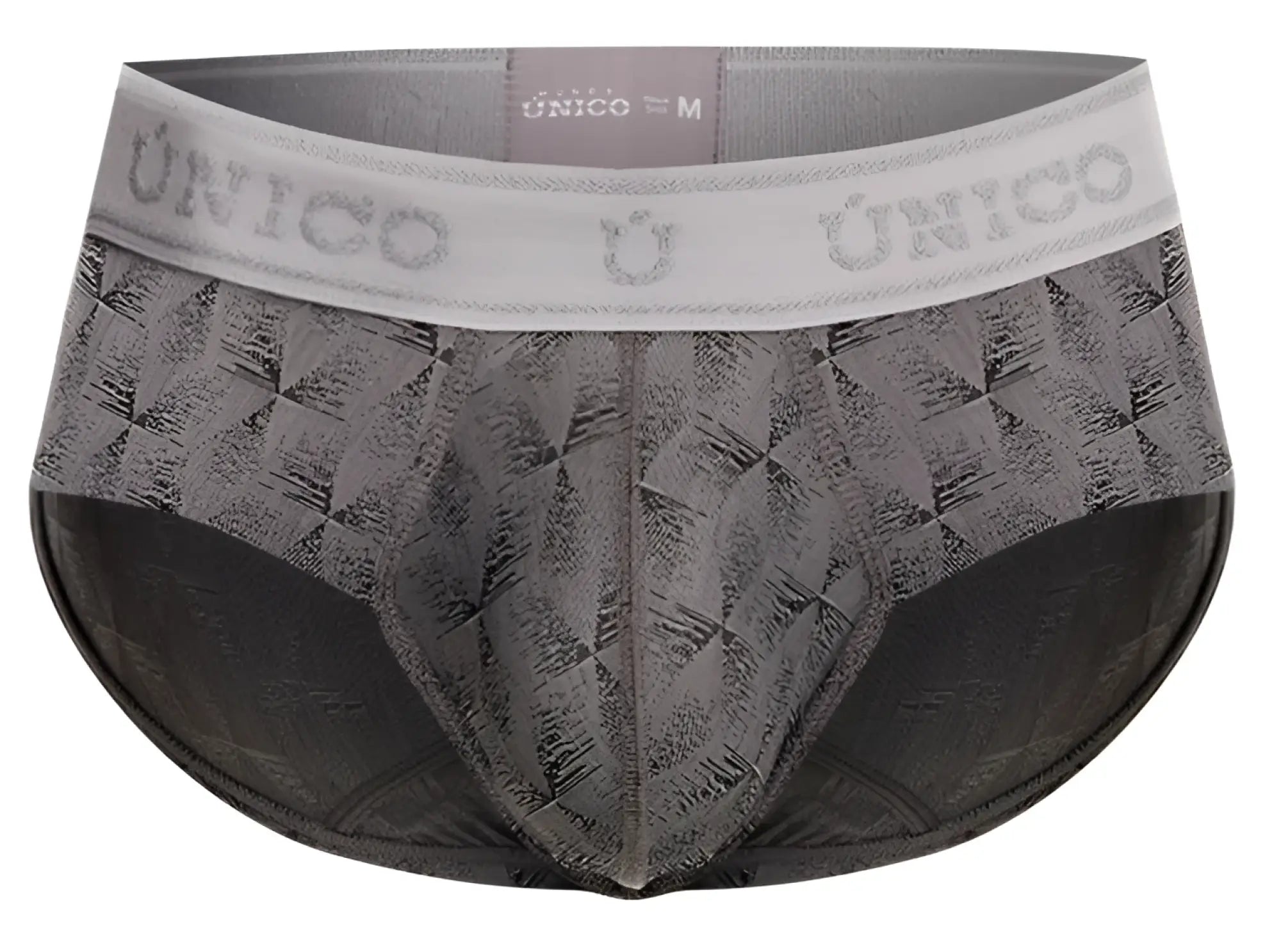 Gray patterned Unico 25050101103 chisell briefs with white waistband featuring Unico brand name for men