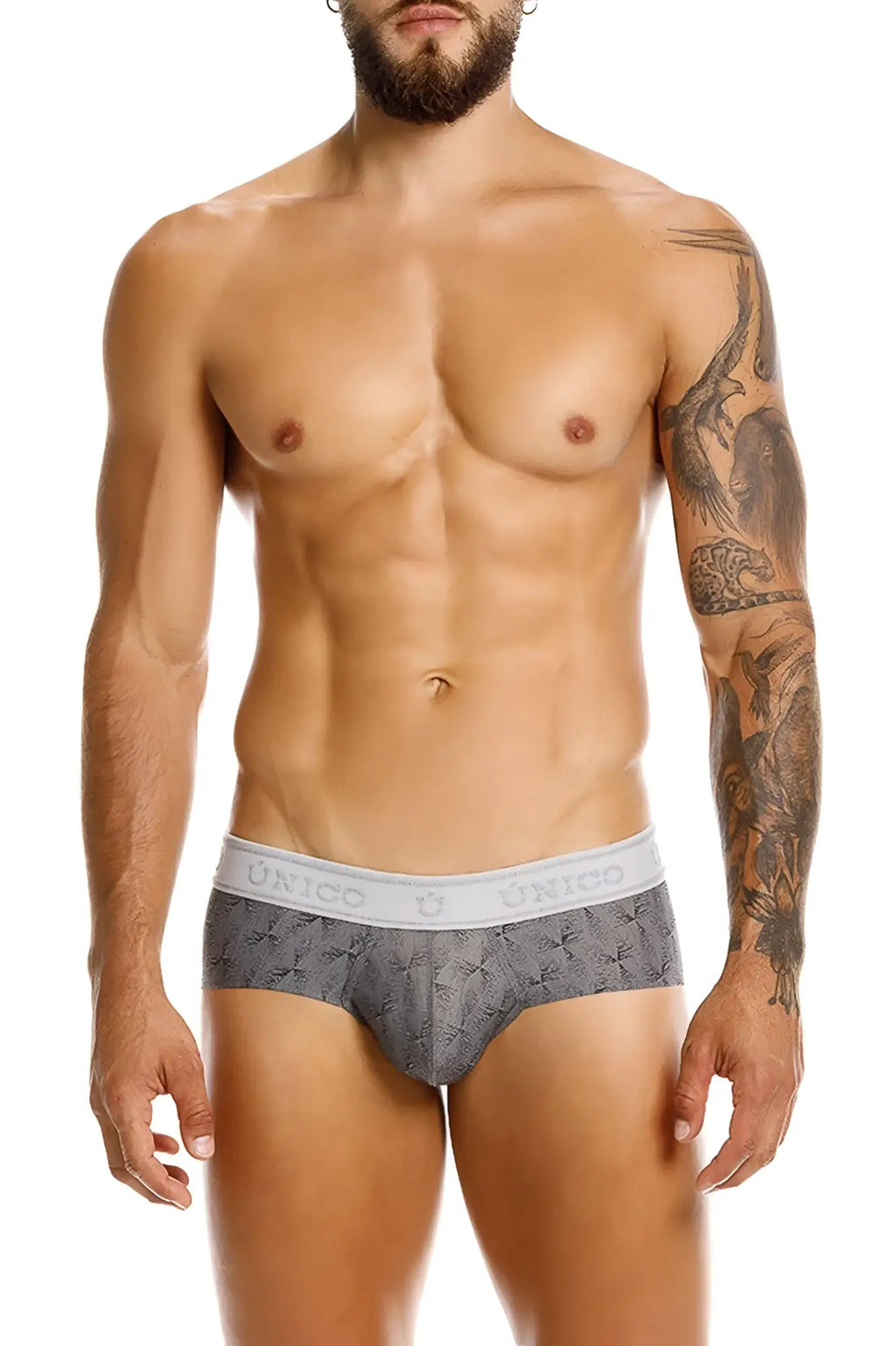 Gray patterned Unico chisell briefs with white elastic waistband featuring the unico brand name in color 59-gray