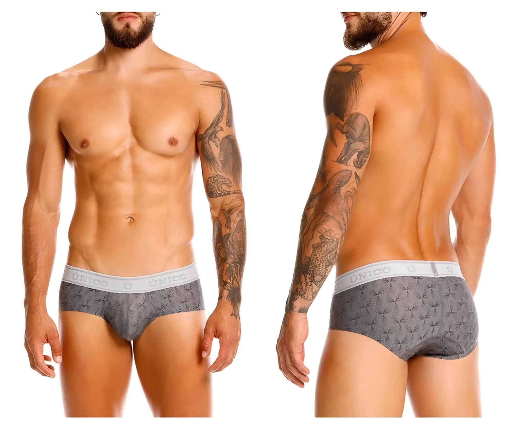 Gray patterned Unico 25050101103 Chisell briefs with white elastic waistband featuring Unico brand name