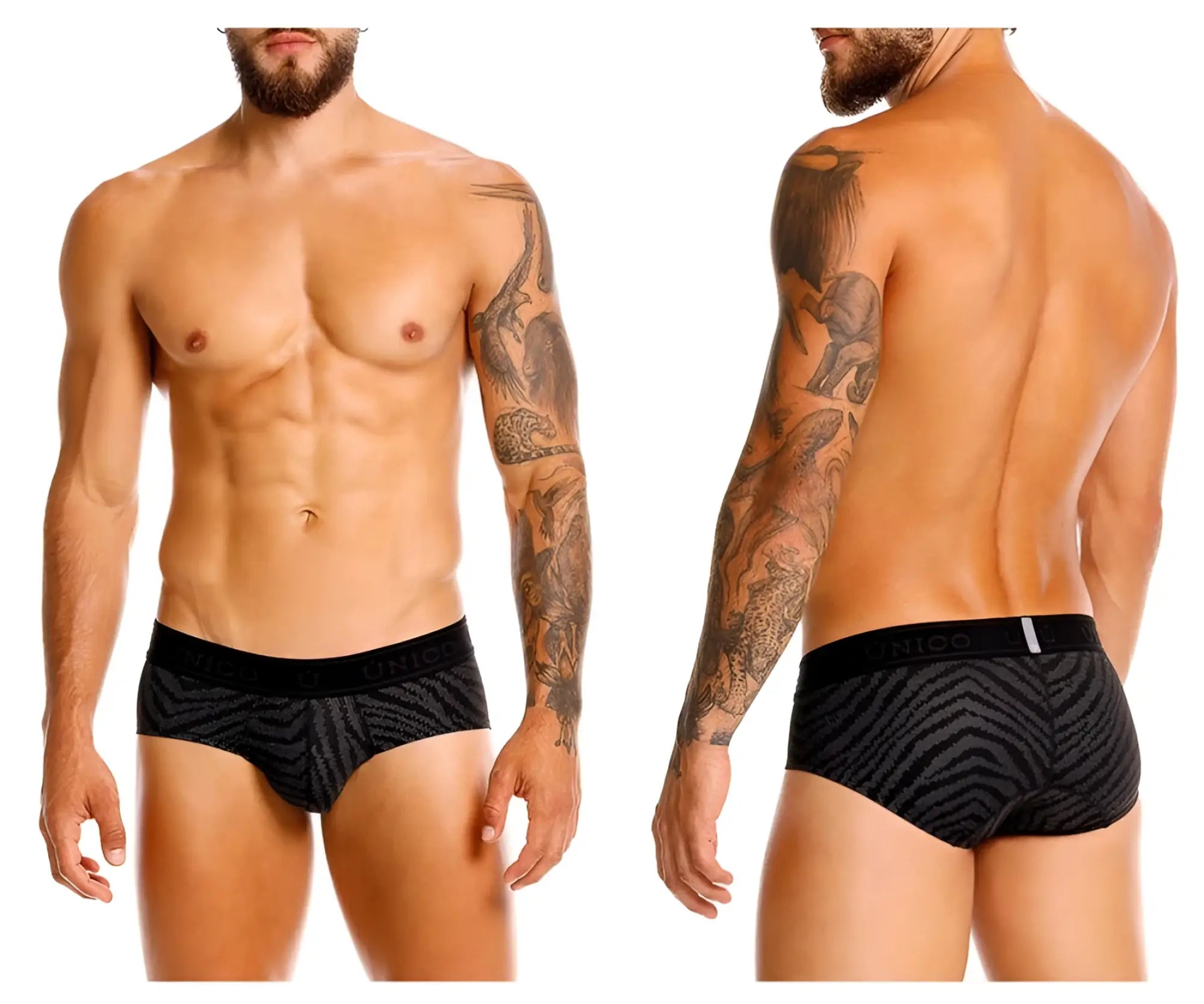 Black and gray zebra-striped men’s briefs with black elastic waistband branded nico from Unico 25050101104 Zelmur Briefs