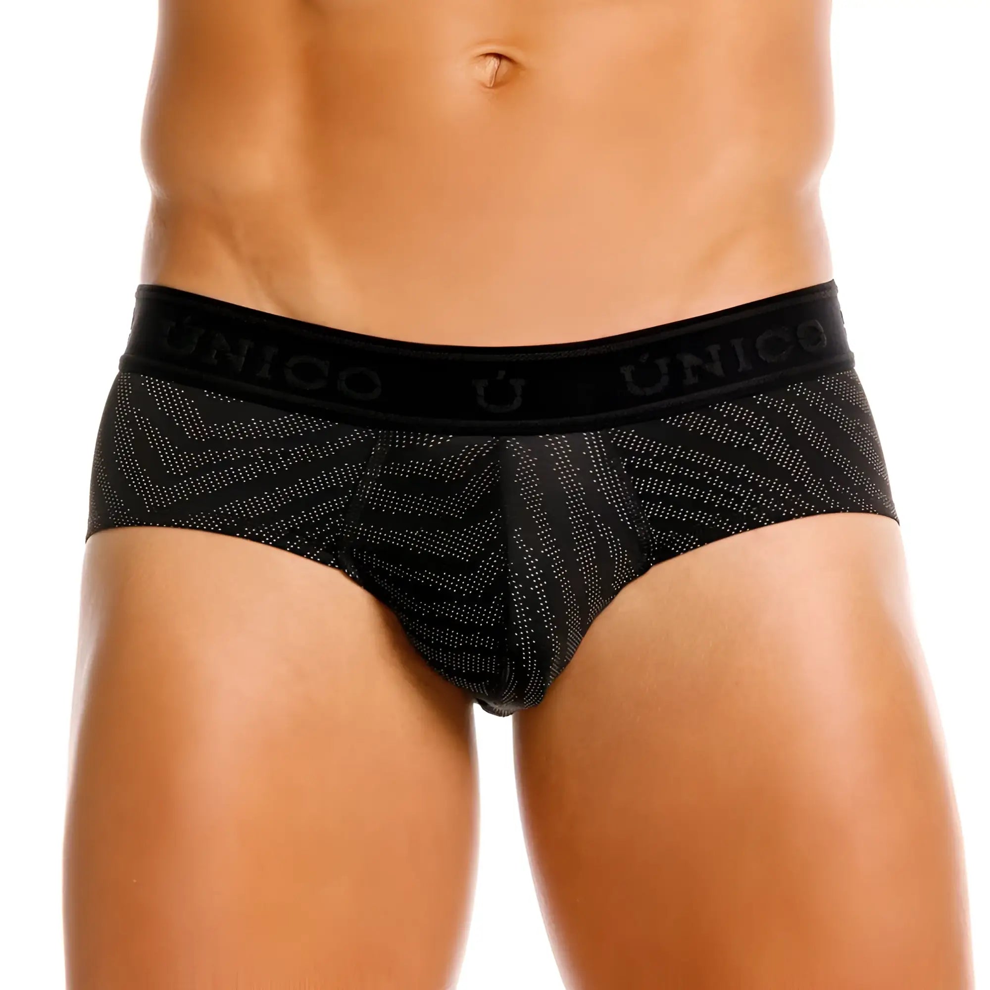 Black unico men’s briefs featuring a subtle geometric pattern with faint white dots and brand embroidery on waistband